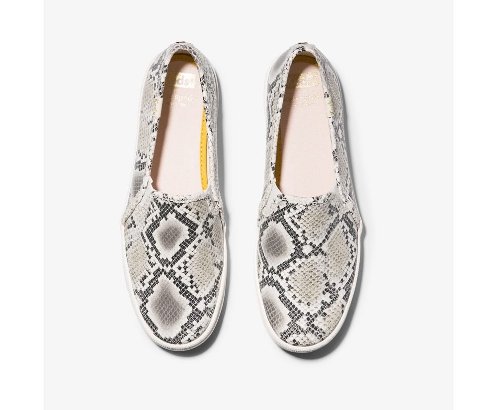 Slip On Γυναικεια - Keds Kate Spade New York Double Decker Snake Δερματινα - Λευκα/Μαυρα - QLTZR7243